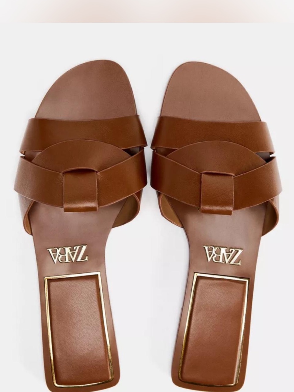 ZARA Tan Brown Leather Slide Sandals with Knotted Strap